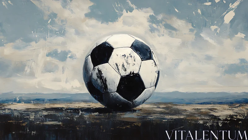 Weathered soccer ball rests on textured coastal field.