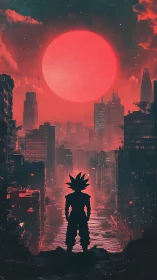Spiky-haired warrior faces red sun over ruined megacity.