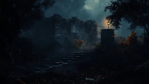 Moody forest ruins with lone lantern lighting stone path.