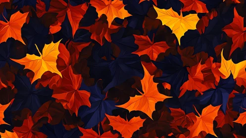 Glowing autumn maple leaves over deep indigo shadows.