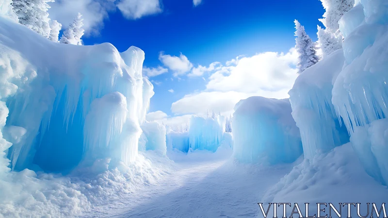 Inviting winter ice tunnel glowing beneath a bright blue sky.