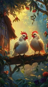 Golden Hour Roosters: Atmospheric Digital Farmyard Composition.