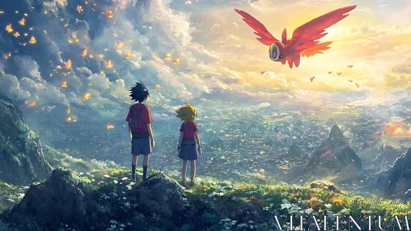 Mountain vista with kids watching red flying creature at dawn.