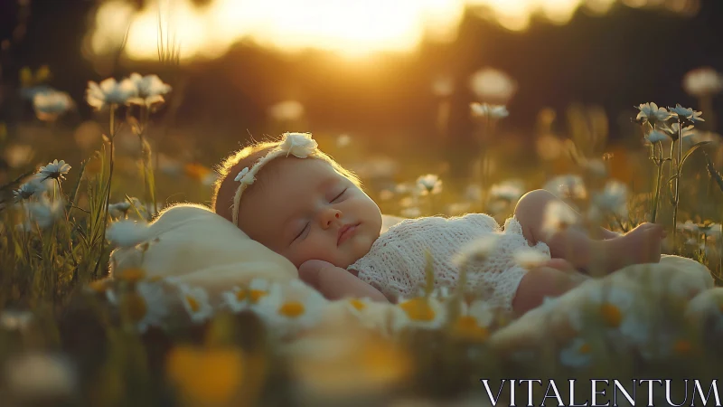 Golden-hour infant portrait captures tranquil floral slumber