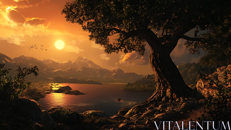 Digital painting of sunset lake with silhouetted ancient tree.