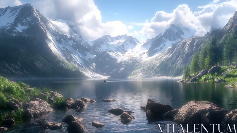 Snowcapped mountains embrace a tranquil alpine lake scene.