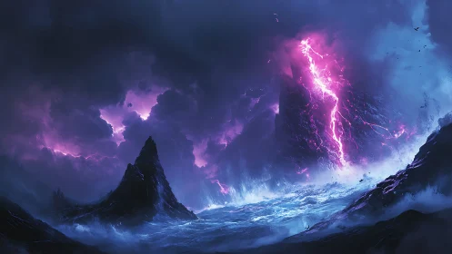 Violet lightning tears through storm-wracked ocean peaks.