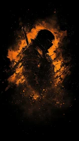 Brooding armored swordsman in fiery orange splatter silhouette.