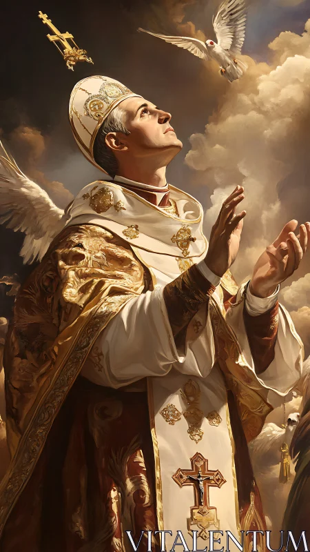 Cleric in ornate vestments gazes toward radiant descending dove