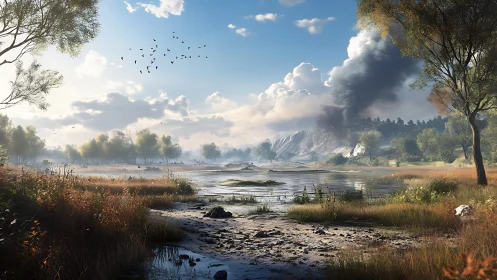 Morning light drifts across a quiet wetland valley