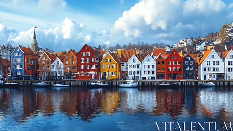 Harborfront Nordic houses with vivid facades and reflections.