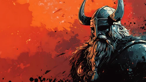 Viking warrior portrait amid abstract crimson splatter field.
