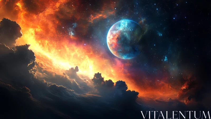 Blue planet over fiery nebula and dark storm clouds.