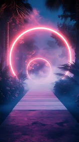 Neon portal rings along misty tropical boardwalk path.
