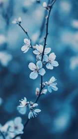 White blossoms on dark branch with blue bokeh background