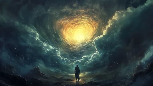 Digital painting of lone figure beneath cosmic storm vortex.