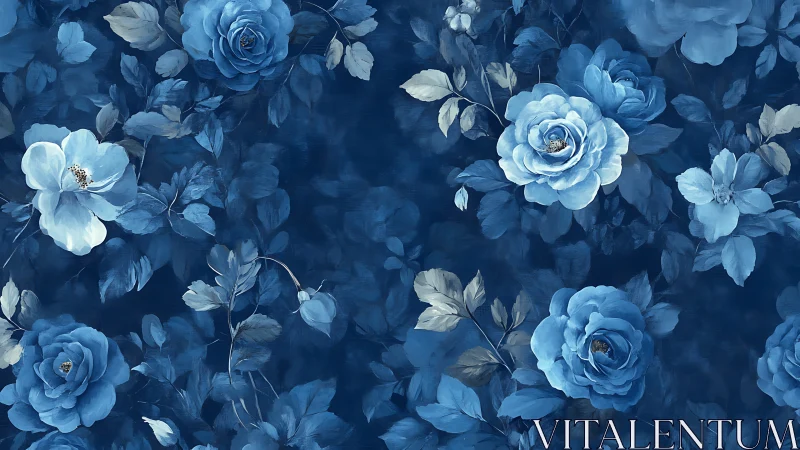 Blue Floral Composition with Roses and Botanical Elements