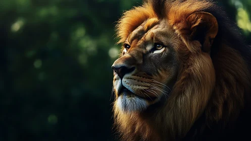 Male lion profile in soft forest light, detailed portrait.