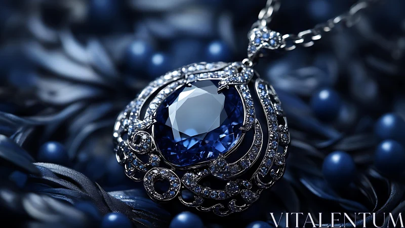 High-clarity blue gemstone pendant in ornate pav&eacute; halo setting