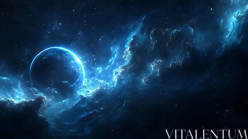Celestial tide of blue nebulae cradling a hidden world.
