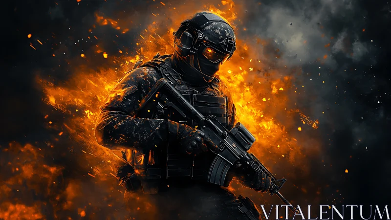 Heavily armed tactical soldier amid explosive fire cloud.