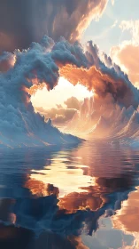 Sculpted cloud arch frames luminous sunset over mirrored sea