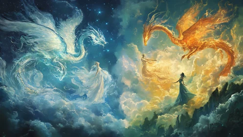 Celestial dragons argue in swirling clouds of fire and starlight