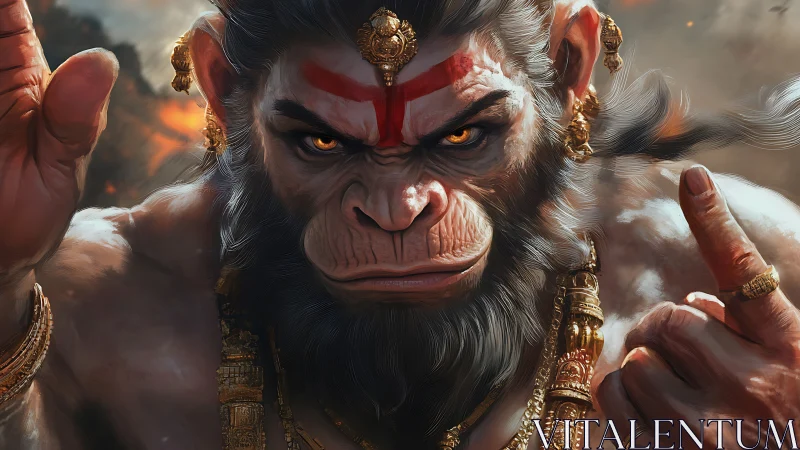 Warrior monkey god glows with firelit divine fury.