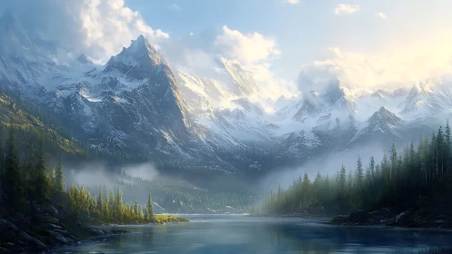 Snow-covered mountain range rises above calm forest lake