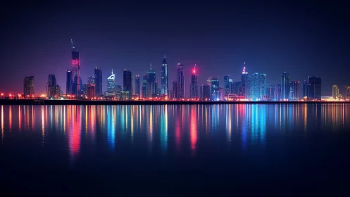 Modern illuminated city skyline with neon waterfront reflections.