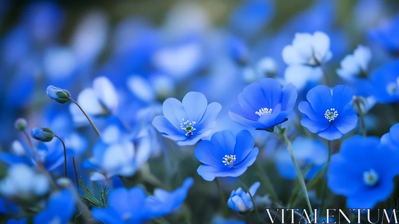 Blue flowers with delicate petals and white stamens in natural setting.