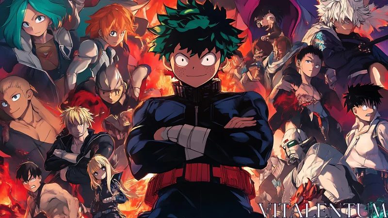 Heroic green-haired student ignites amid blazing anime rivals.