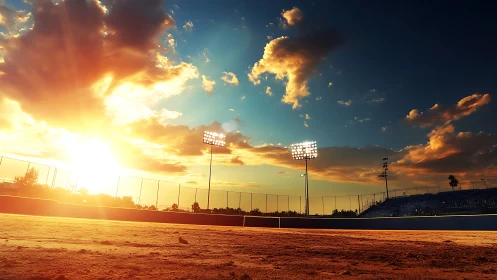 Sunlit empty sports field framed by grandstands and floodlights