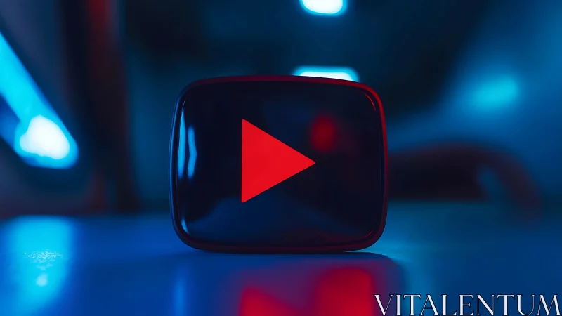 Neon Play Button Icon Glowing in Cyberpunk Environment.