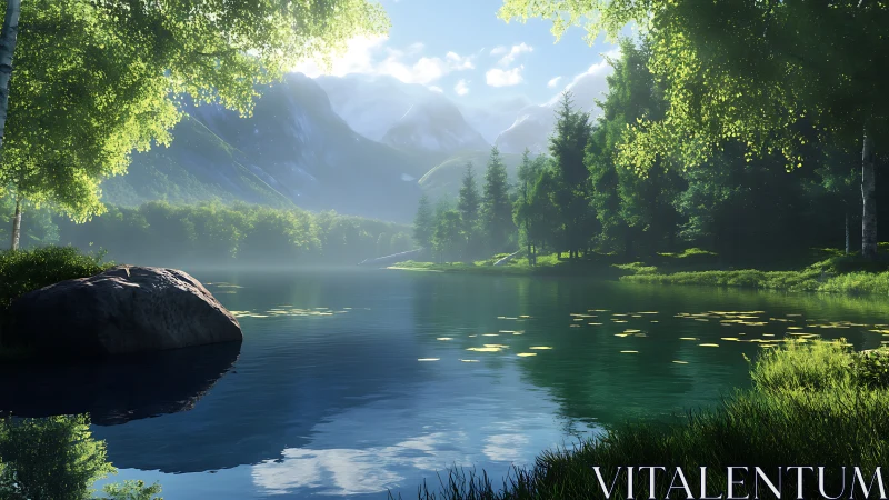 Mountain lake reflects trees and distant sunlit peaks clearly