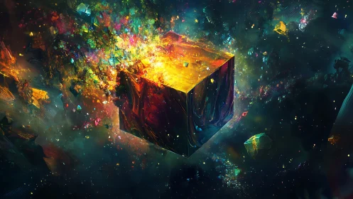 Luminous geometric cube in abstract cosmic environment scene.