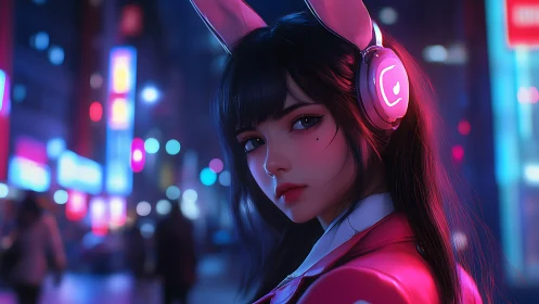 Neon cityscape portrait of cyber audio gamer with bunny rig.