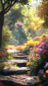 Stone garden path runs through dense colorful flower borders