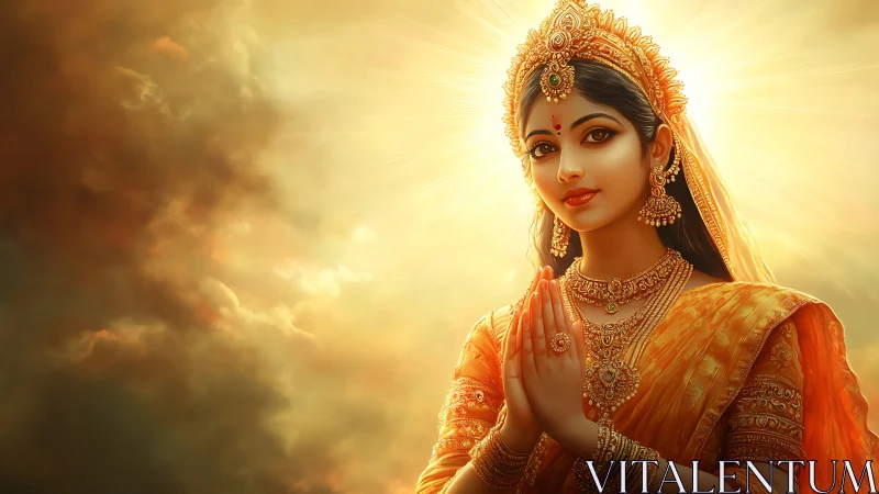 Golden Hindu goddess portrait in radiant celestial light.