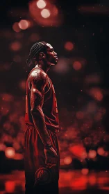 Basketball player stands in fiery red arena glow.
