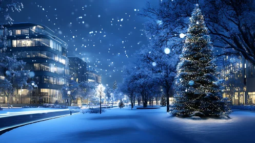 Photorealistic winter plaza with illuminated urban Christmas tree.