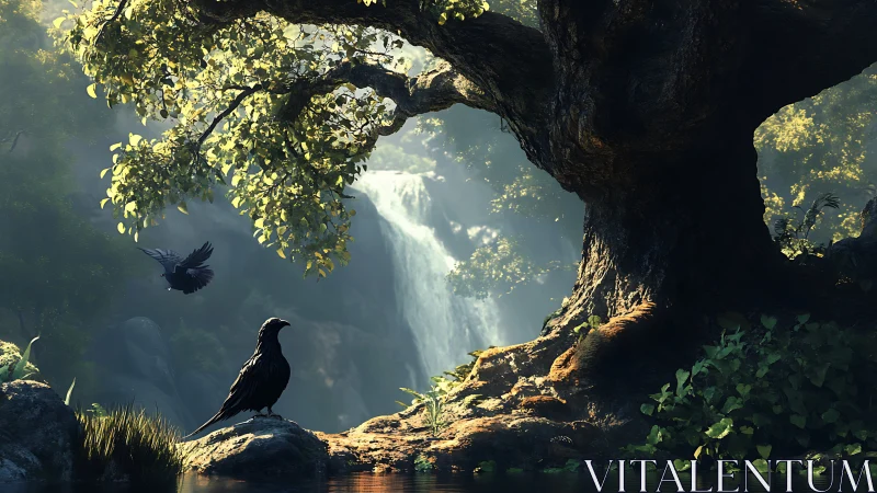 Ravens surveying bioluminous forest canopy near cascade falls.