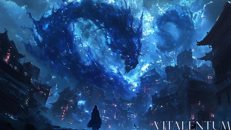 Celestial azure dragon coils above neon-lit oriental metropolis