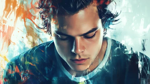 Contemplative male portrait merges realism with abstract color fields