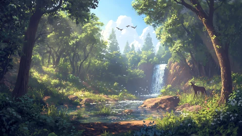 Forested valley with waterfall, stream, and wildlife