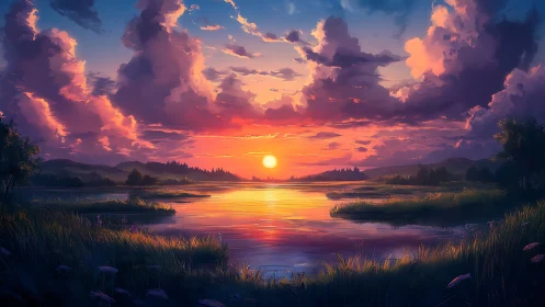 Sunset river kindle under painterly clouds and quiet meadows.