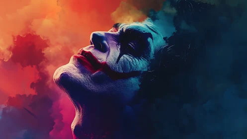 Cinematic clown profile in dual-tone atmospheric smoke field