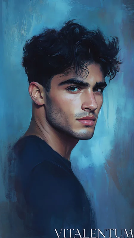 Brooding young man in cool blue portrait painting.