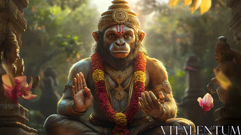 Divine simian yogi crowned in garlands and golden light.
