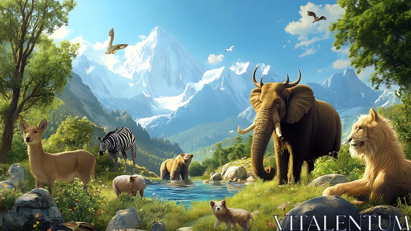 Mountain valley wildlife gather beside clear reflective river